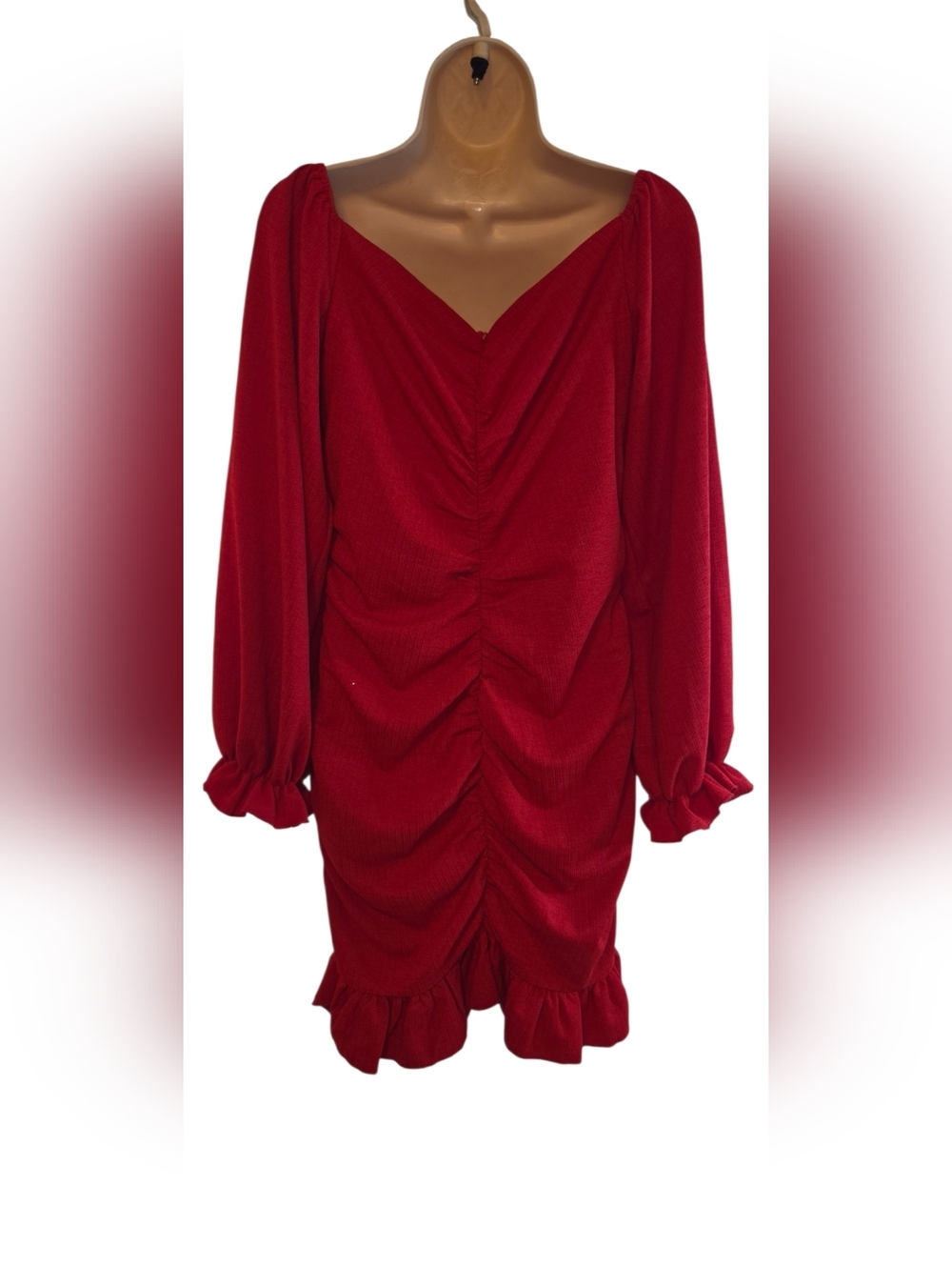 Ruched Red Long-Sleeve Mini Dress - Picture 3 of 11